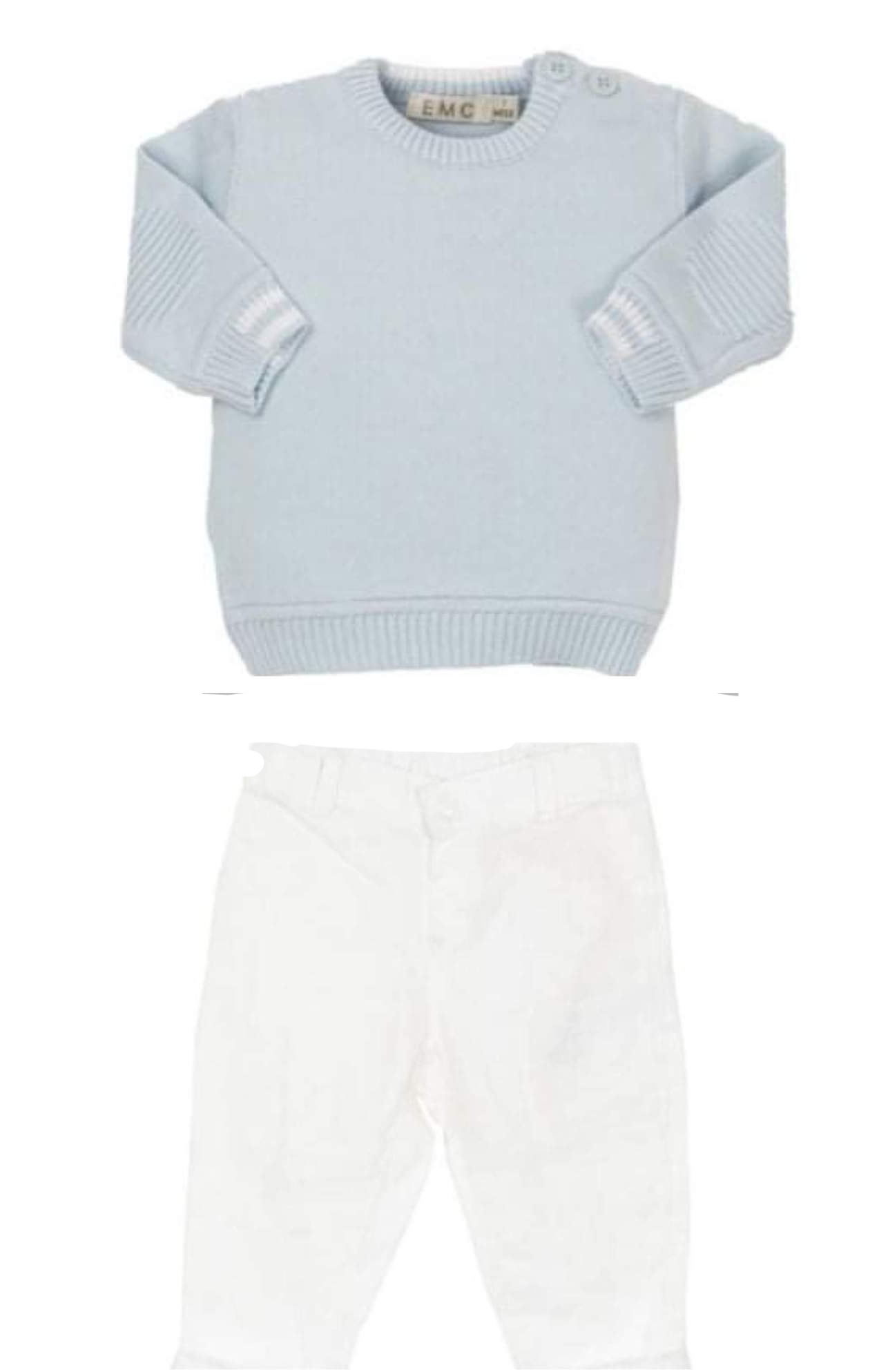 EMC Blue Jumper and White Trousers