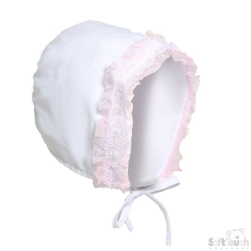 Soft Touch White & Pink Lace Summer Bonnet with Tie
