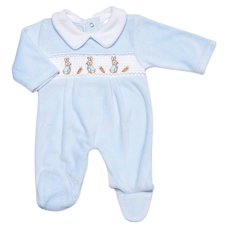 Just Too Cute Blue Smocked Premature Baby Rabbit Sleepsuit