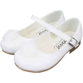 Sevva Piper White Patent Shoe With Fluffy Pom Pom