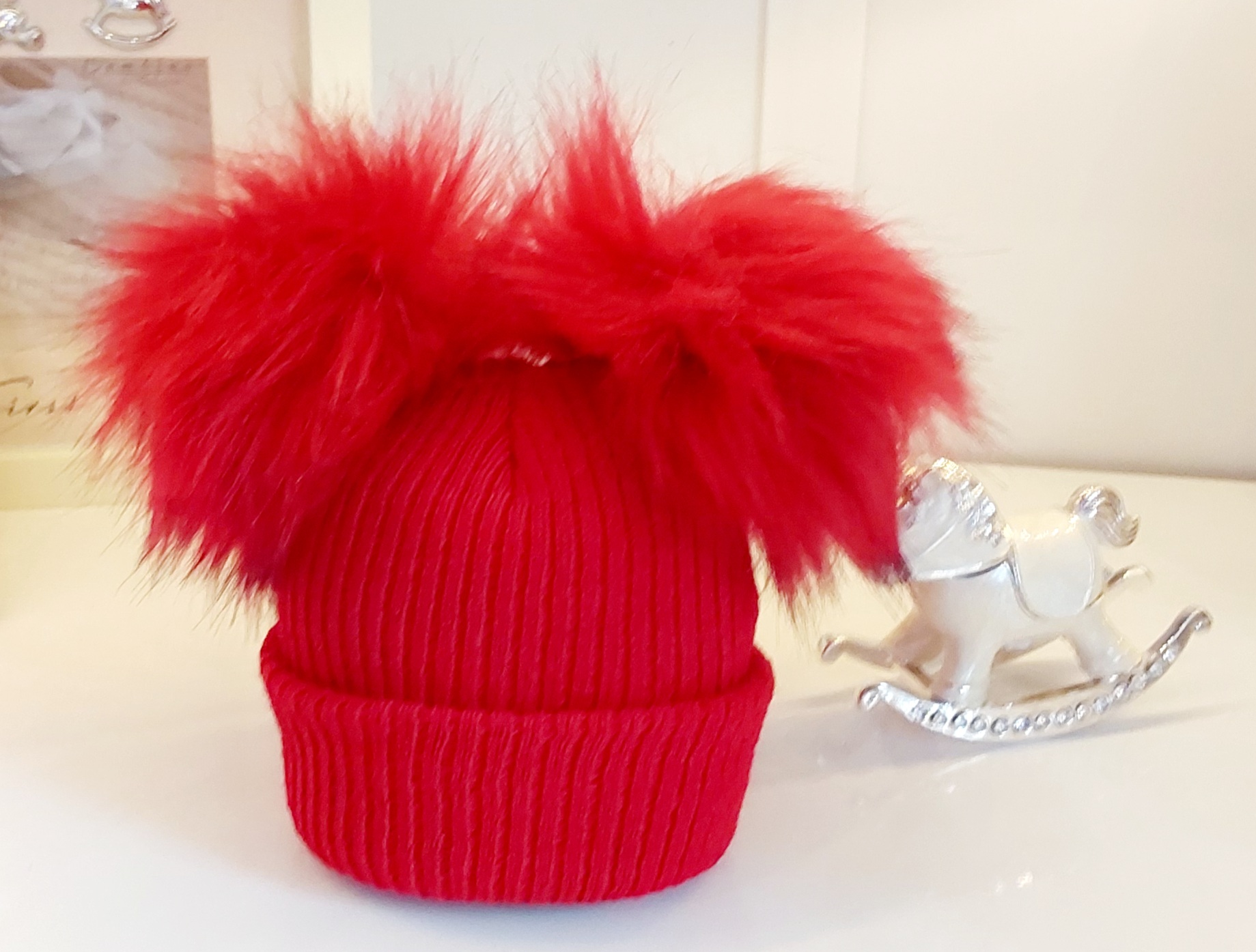 Kinder Ribbed Red Double Pom Pom