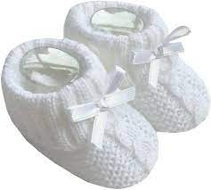 Nursery Time White Cable Knit with Ribbon Baby Booties