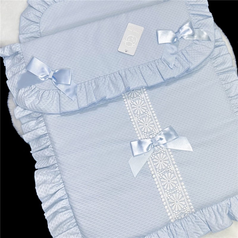 Spanish Blue with Bows Pram Topper with Pillow PS02B