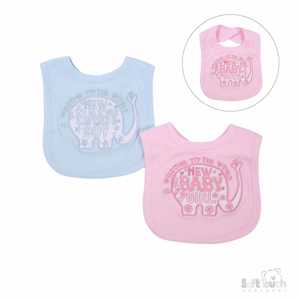 Soft Touch Pink or Blue Elephant Bib