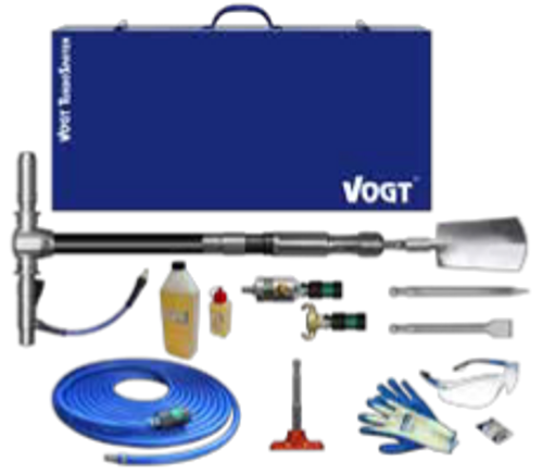 Tool Kit includes:
- 1 VOGT TurboSpade VTS 50-80 with 18 mm chisel input length without tool 80 cm (31,5")
Weight 6,0 kg (13,2 lb)
Percussion rate 1960/min
Air consumption 255 l/min (9.2 cfm) at 6.0 bar (87 psi)
Operating pressure 3.0 - 6.0 bar (44 - 87 psi)
- 1 Digging spade w=140 mm (5.5") (GA140.18H)
- 1 Moil point (M100.18)
- 1 Wide chisel w=40 mm (1.6") (M340.18)
- 1 Tamping plate 120/120 mm (4,72/4,72") (V1120.18H)
- 1 Adapter 3/4" to standard connection (Z200)
- 1 Precision in-line oiler (Z300)
- 1 Air hose 9x14 mm, l=10 m (10.94 yd) (Z110)
- 1 VOGT Special-Oil 0.1 l (Z510)
- 1 VOGT Special-Oil 1.0 l (Z500)
- 1 Working gloves (870005)
- 1 Safety glasses (870007)
- 1 Ear plugs (870003)
- Metal transport case (0XX035-90)
- 1 Operating manual Tool Kit includes:
- 1 VOGT TurboSpade VTS 50-80 with 18 mm chisel input length without tool 80 cm (31,5")
Weight 6,0 kg (13,2 lb)
Percussion rate 1960/min
Air consumption 255 l/min (9.2 cfm) at 6.0 bar (87 psi)
Operating pressure 3.0 - 6.0 bar (44 - 87 psi)
- 1 Digging spade w=140 mm (5.5") (GA140.18H)
- 1 Moil point (M100.18)
- 1 Wide chisel w=40 mm (1.6") (M340.18)
- 1 Tamping plate 120/120 mm (4,72/4,72") (V1120.18H)
- 1 Adapter 3/4" to standard connection (Z200)
- 1 Precision in-line oiler (Z300)
- 1 Air hose 9x14 mm, l=10 m (10.94 yd) (Z110)
- 1 VOGT Special-Oil 0.1 l (Z510)
- 1 VOGT Special-Oil 1.0 l (Z500)
- 1 Working gloves (870005)
- 1 Safety glasses (870007)
- 1 Ear plugs (870003)
- Metal transport case (0XX035-90)
- 1 Operating manual