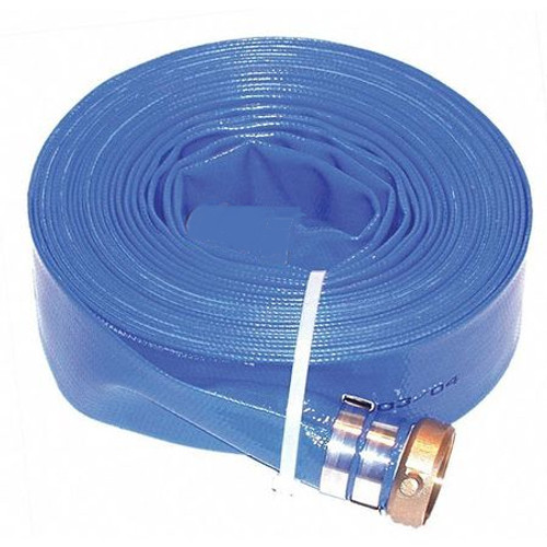 PD1 PVC blue discharge lay-flat hose with brass pin lug swivel  that resists kinking and twisting. Designed as a standard duty hose for water discharge in industrial and construction applications. It is economical and rolls up flat for easy storage.