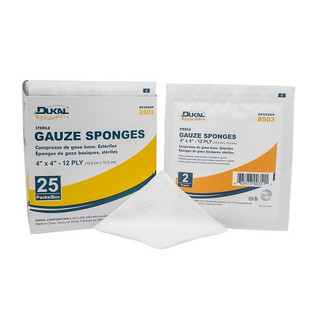 Dukal Gauze Sponge Basic 4" x 4" 12_Ply Sterile,  2/Pk, 25 Pk/Box, 24 Boxes/Cs, 8503
