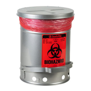 Justrite 05914 Biohazard 6 Gal Waste Can, Foot Operated Self Closing SoundGard, Silver