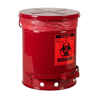 Justrite 05930R Biohazard 10 Gal Waste Can, Foot Operated Self Closing, Red