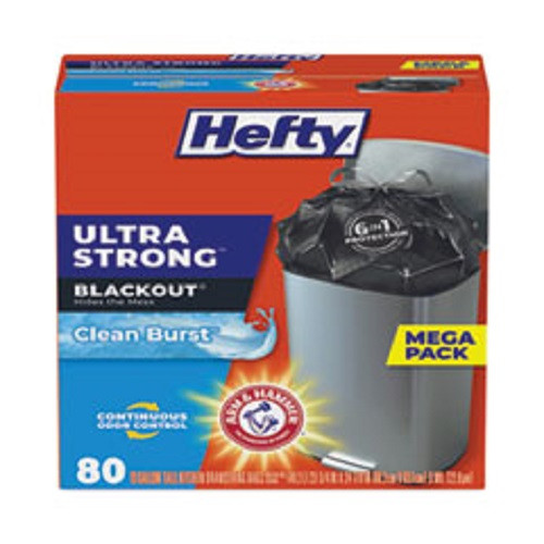 Hefty E88352  Ultra Strong BlackOut Tall-Kitchen Drawstring Bags, 13 gal, 0.9 mil, 23.75" x 24.88", Black, 80/Box