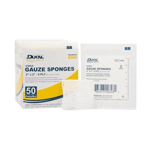 Dukal Gauze Sponge Basic 2" x 2" 8-Ply Sterile, 2/Pk, 50 Pk/Box, 30 Boxes/Cs, 8500