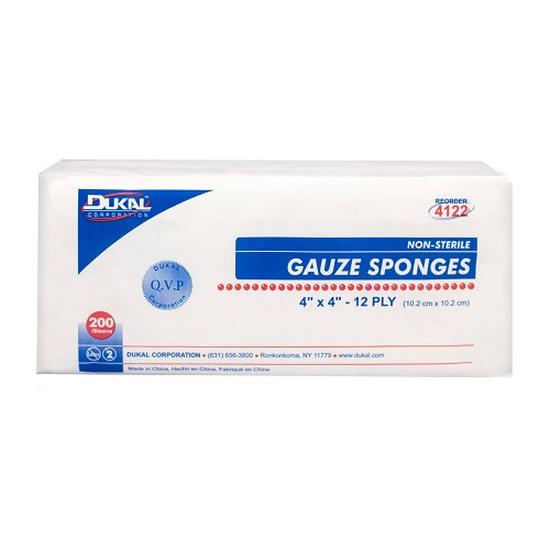 Dukal Gauze Sponge 4" x 4" 12-Ply NS, 200/Bag, 10 bags/Cs, 4122