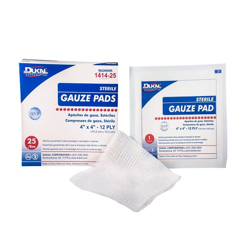 Dukal Gauze Pad 4" x 4" 12-Ply Sterile, 25 Pack/box, 24 Boxes/Cs, 1414-25