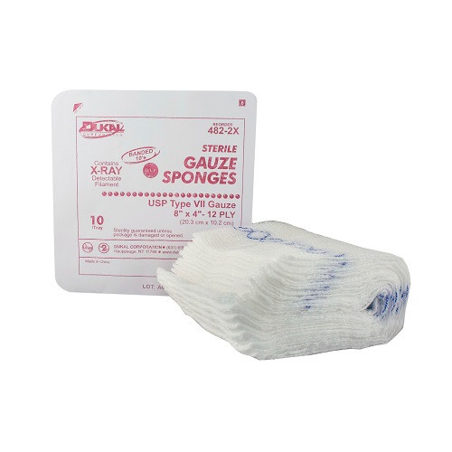 Dukal X-Ray Detectable Gauze Sponge 8" x 4" 12-Ply Sterile, 10/Tray, 48 Trays/Cs, 482-2X