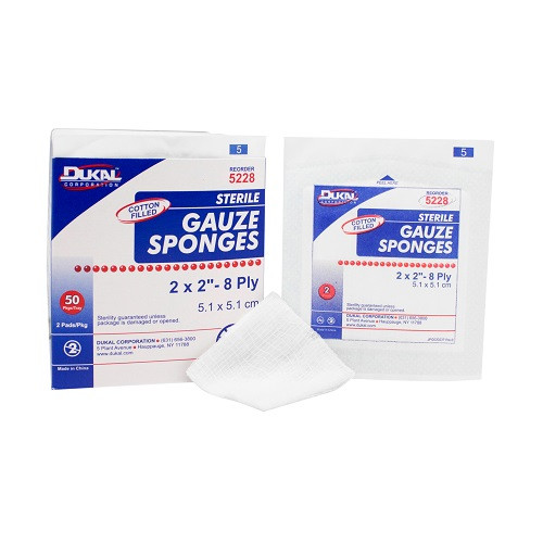 Dukal Cotton Filled Gauze Sponges 2" x 2" 8-Ply Sterile, 50 Pack/Box, 24 Boxes/Cs, 5228
