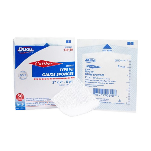 Dukal Type VII Gauze Sponges 2" x 2" 8-Ply Sterile, 50 Packs/Box, 30 Boxes/Cs, C5119