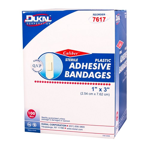 Dukal Plastic Adhesive Sterile Bandages 1" x 3", 100/Box, 24 Boxes/Cs,7617