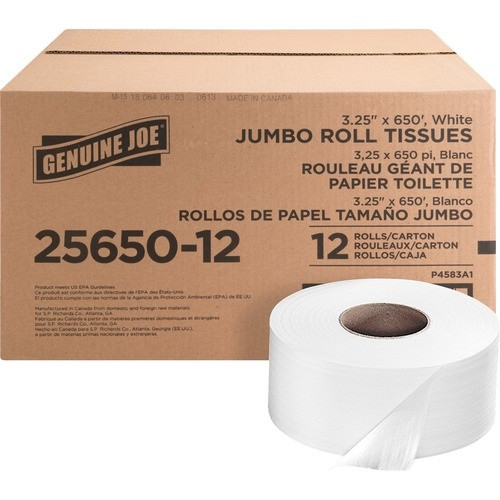 Genuine Joe 2-ply Jumbo Roll Dispenser Bath Tissue, White, 12 Rolls, GJO2565012