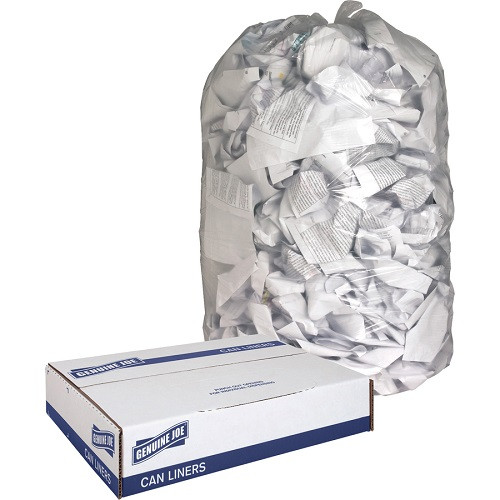 Genuine Joe 60 Gallon Clear Garbage Bags, 38" x 58", 0.8 mil, 100/Cs, GJO01014
