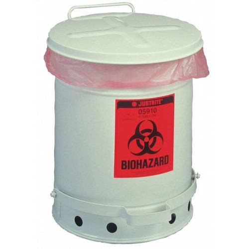 Justrite 05910 Biohazard 6 Gal Waste Can, Foot Operated Self Close, White