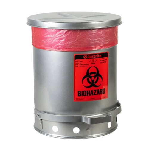 Justrite 05934 Biohazard 10 Gal Waste Can, Foot Operated Self Closing, Silver