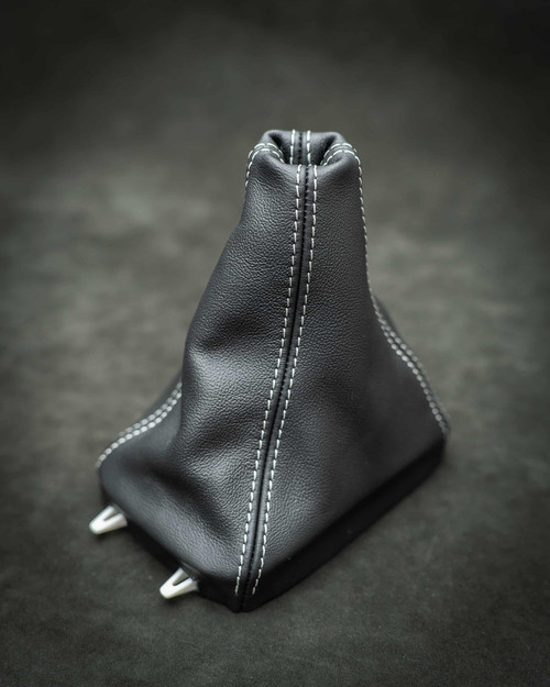 Leather manual gear surround cover with boot, white stich, Saab 9-3 II (XT-INT024)