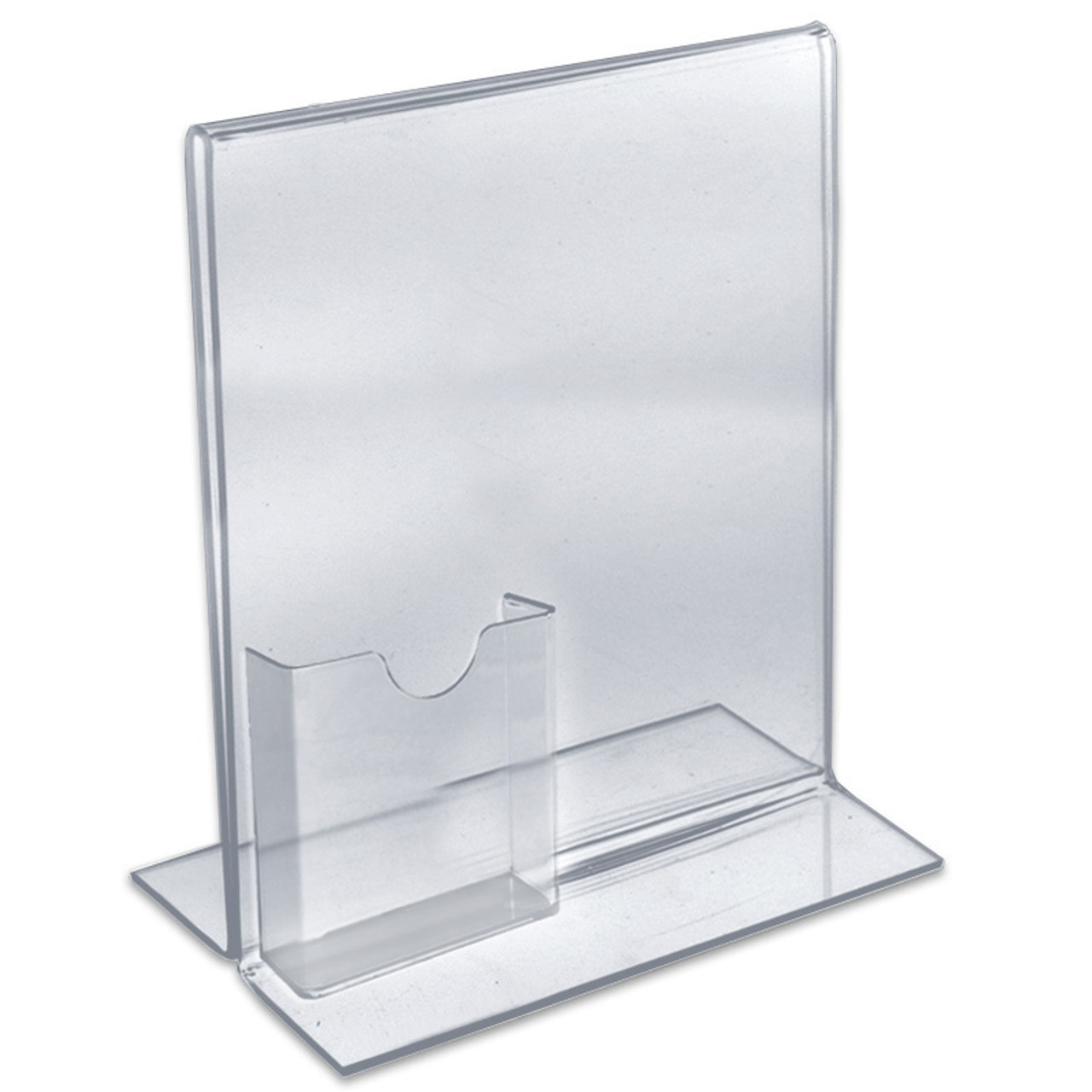 Clear Acrylic Double Sided T-Shape Sign Holder Frame with Attached Brochure  Holder Pocket, Frame Size: 8.5