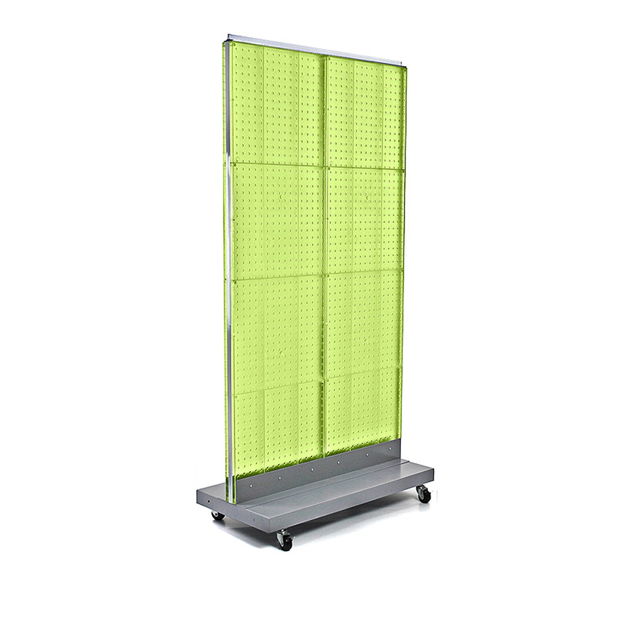 HIDEページ Two-Sided Double Pegboard Floor Display on Wheeled Base