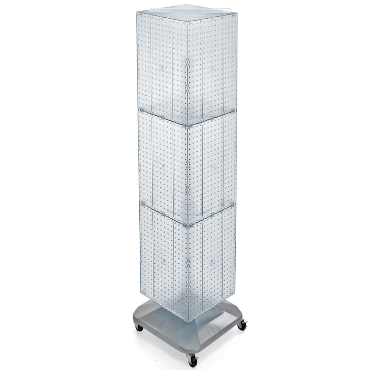 Four-Sided Pegboard Tower Floor Display on Revolving Wheeled Base. Spinner  Rack Stand. Panel Size: 14