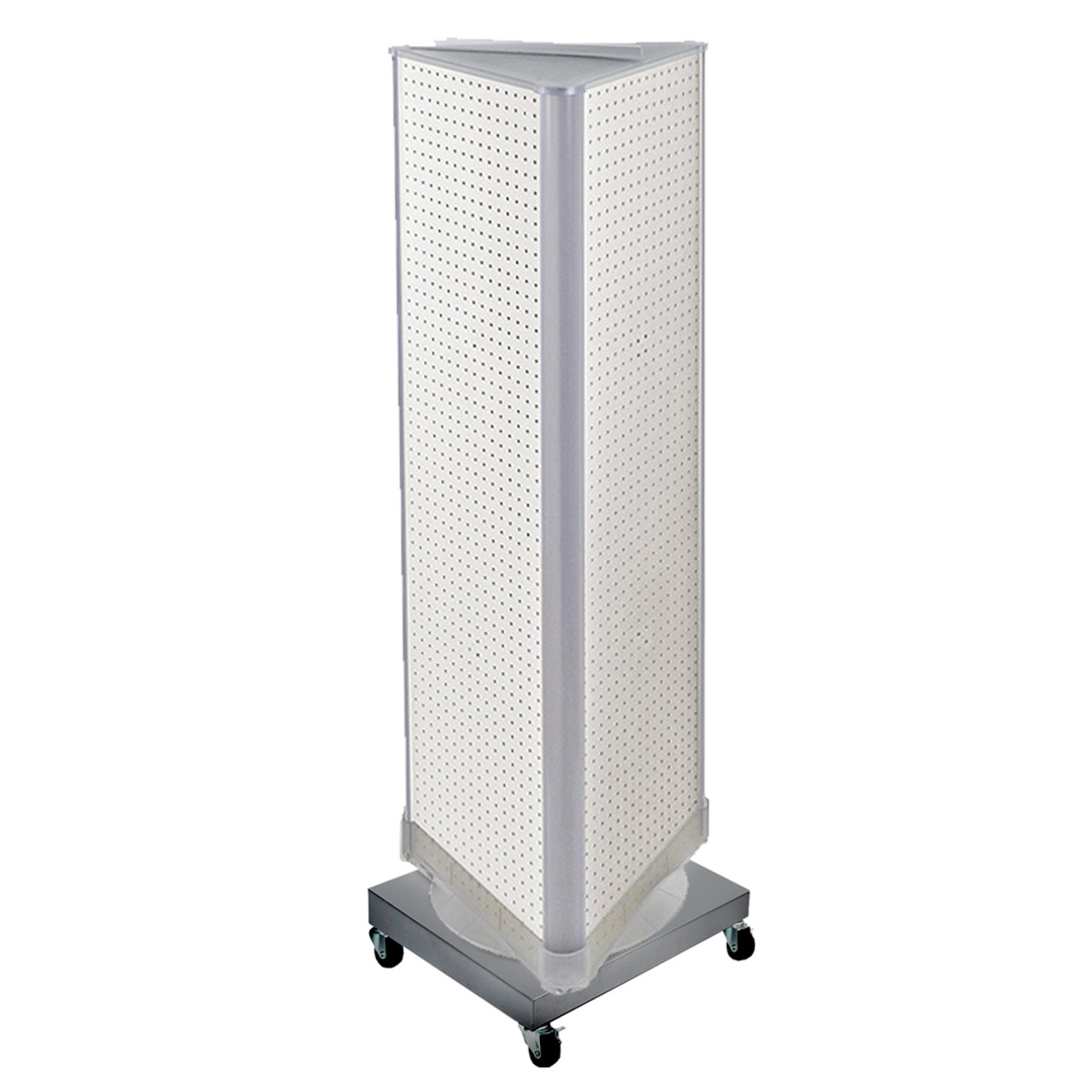 Three-Sided Revolving Pegboard Tower Floor Display on Wheeled Metal Base.  Spinner Rack Stand. Panel Size: 16