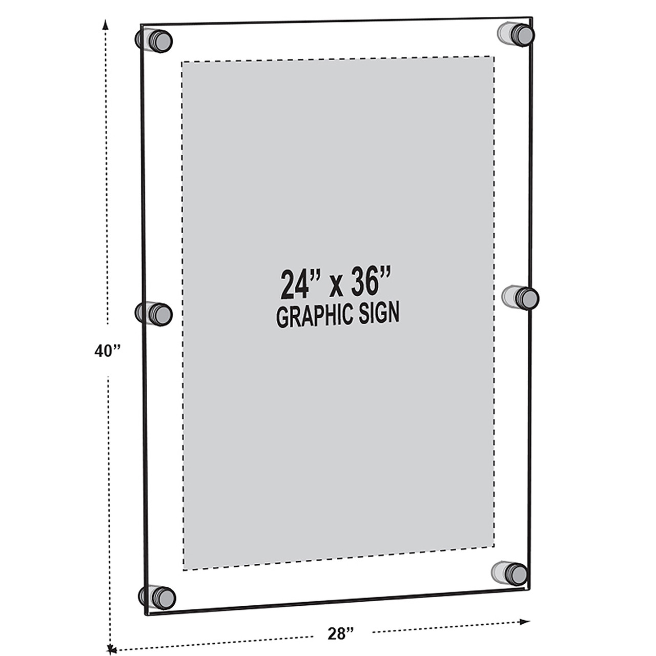 Floating Acrylic Wall Frame with Black Stand Off Caps: 24" x 36" Graphic  Size, Overall Frame Size: 28" x 40" Azar Displays