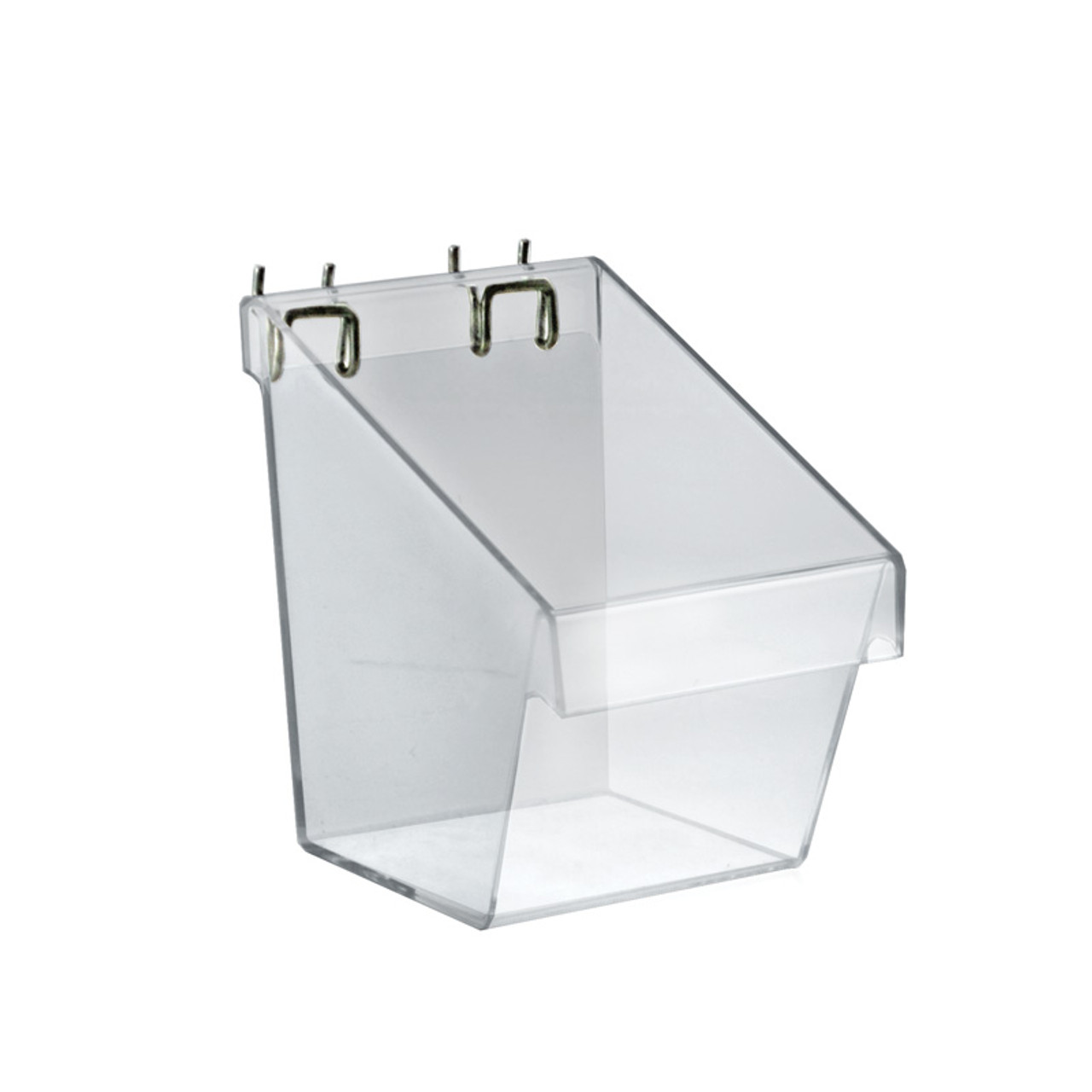 Small Clear Plastic Molded Bucket, Storage Container Bin for Pegboard,  Slatwall, or Counter with 2 Metal U-Hooks, Size: 5.25W x 6.25D x 6.875H,  4-Pack - Azar Displays