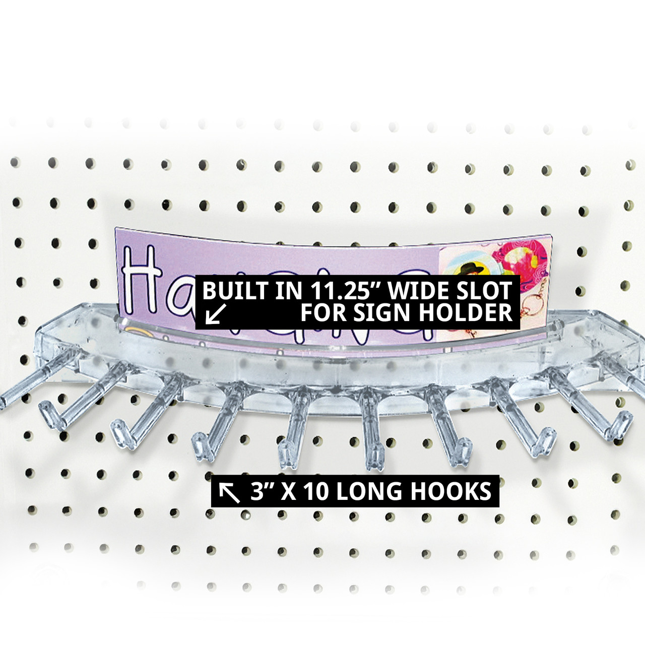 Ten Hook Necklace Bar for Pegboard or Slatwall. Overall