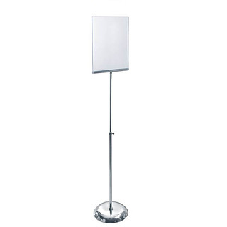 11 x 17 Inches clear acrylic sign holder with metal pedestal stand, adjustable pole, and round chrome base for double-sided retail signage display