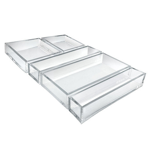 Deluxe 5 Piece Clear Acrylic Tray Set – Two Narrow Rectangle, Two Square and One Large Rectangle Tray