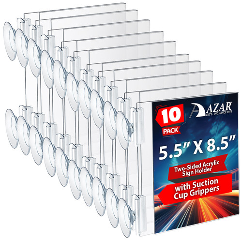 Two-Sided Acrylic Sign Holder with Suction Cup Grippers 5.5"W x 8.5"H, 10-Pack