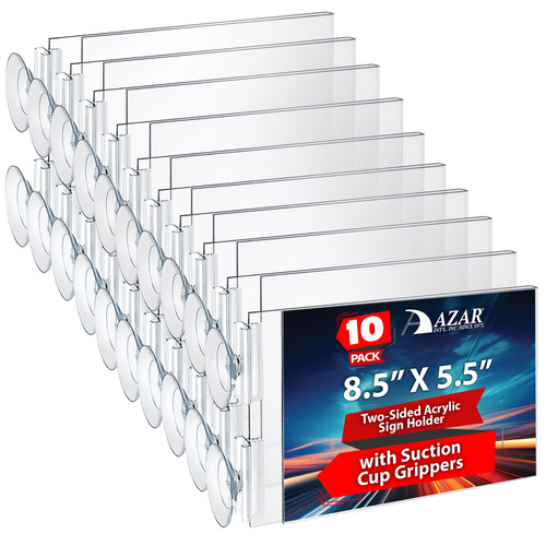 Two-Sided Acrylic Sign Holder With Suction Cup Grippers 8.5"W X 5.5"H, 10-Pack