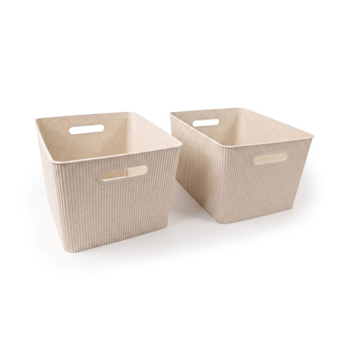 Wheat Lined Textured Plastic Storage Tote Bin with Handles, Decorative Organizer Basket, 2 Pack