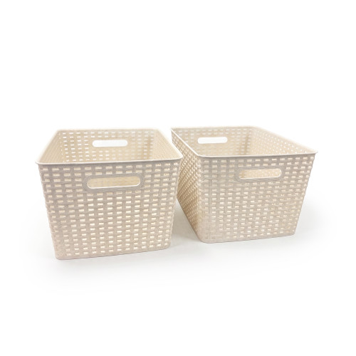 Wheat Woven Textured Plastic Storage Tote Bin with Handles, Decorative Organizer Basket, 2-Pack