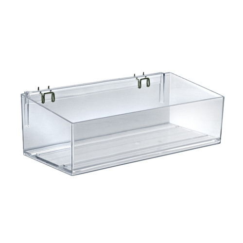 Clear 16” wide Open Bin Tray for Pegboard or Slatwall. Storage Container includes 2 Metal U-Hooks for hanging. Adjustable Slide In Dividers Sold Separately