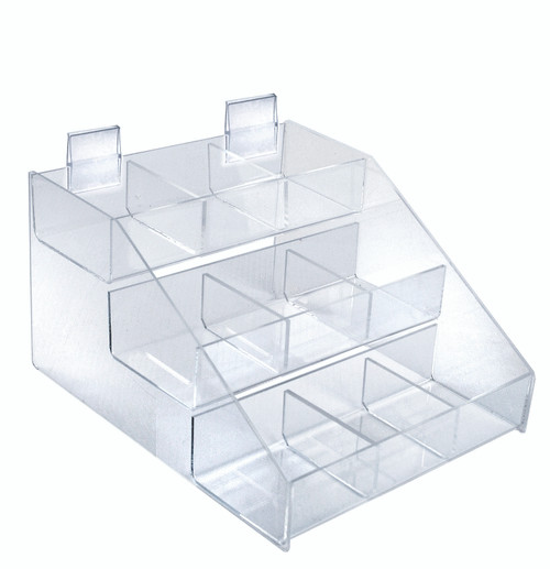 Three-Tier Shelf, 9 Compartment Counter Step Display, 12" wide