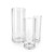 Set of three clear plastic vases.