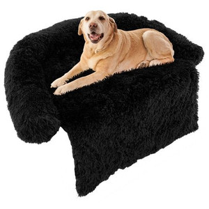 Plush Calming Dog Couch Bed with Anti-Slip Bottom-L - Color: Black - Size: L D681-PU10025DK-L