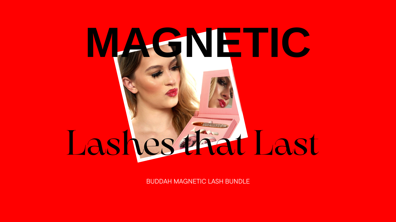 woman wearing professional makeup holding up magnetic eyelash set with eyelash glue  with wording under saying lashes that last and buddah magnetic lash bundle 