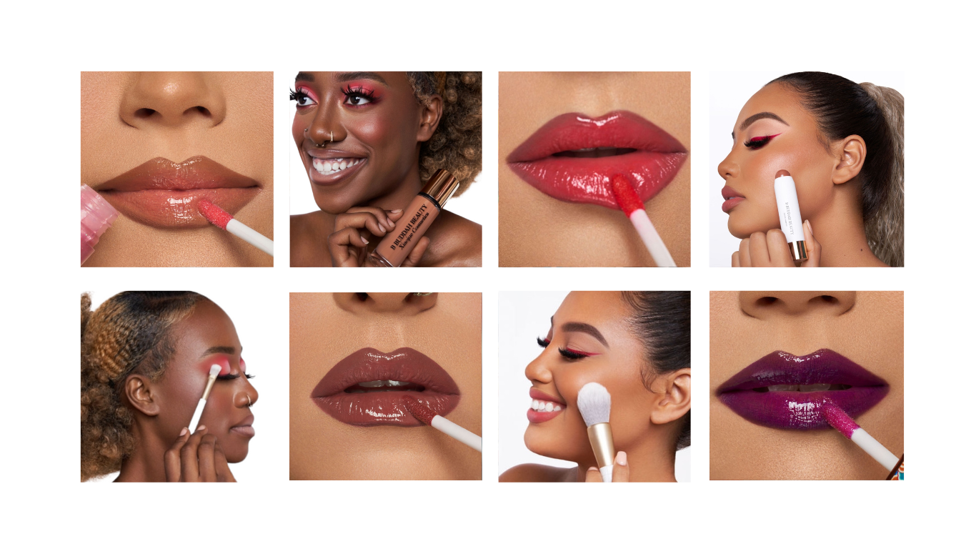 collage of women wearing makeup and applying makeup including lip gloss, makeup brushes, foundation, and contour stick