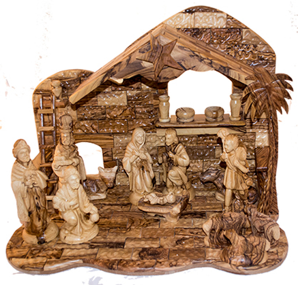 Large hand carved olive wood nativity