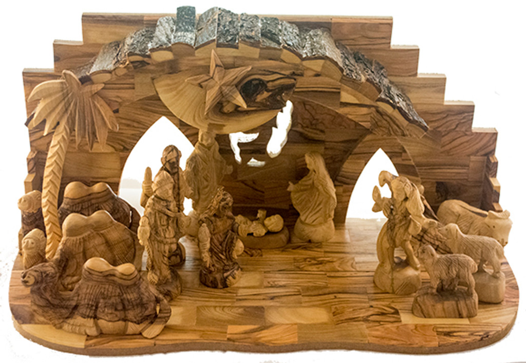 Hand made olive wood large size camel nativity