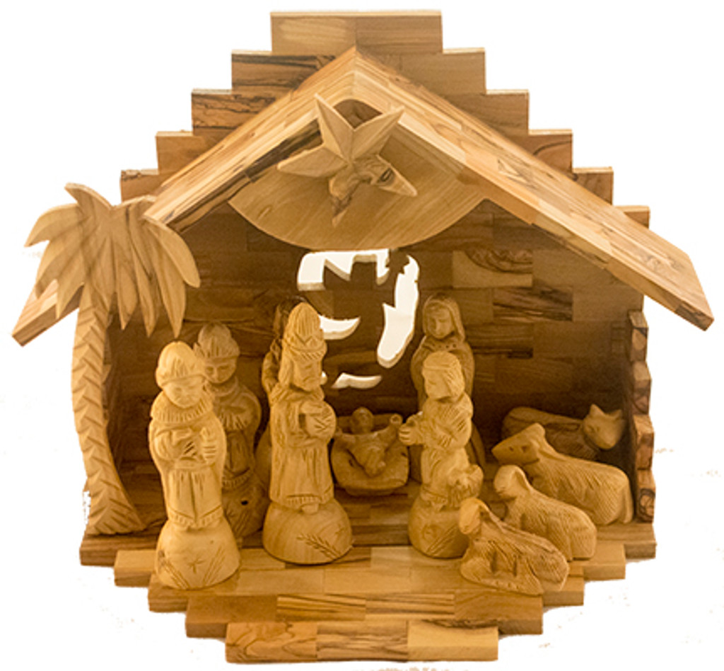 Handmade olive wood nativity with carved figures