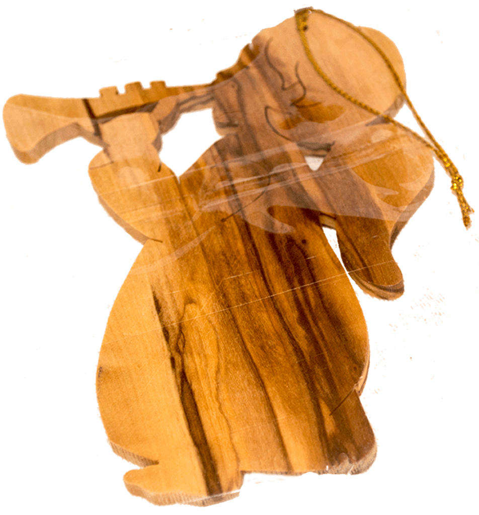 Handmade Olive Wood Christmas Tree Ornament  Angel playing horn