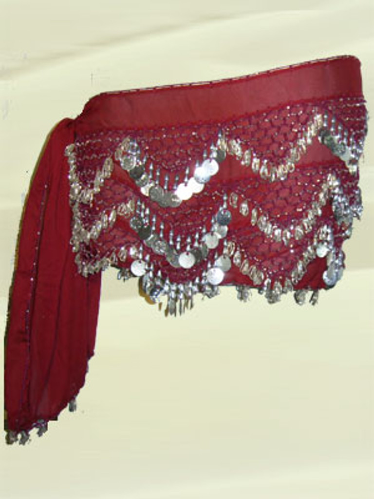 Deep Red and Silver Belly Dance Hip Scarf